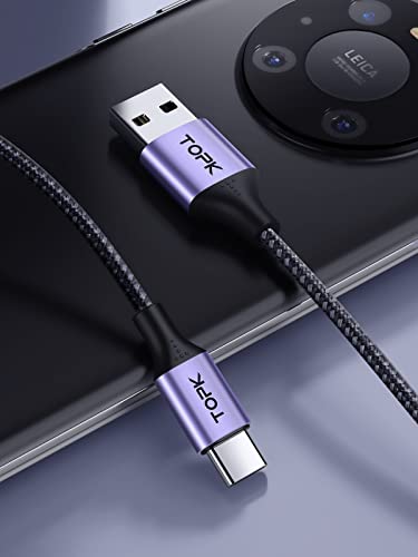 כבל USB מסוג C, TOPK [3-חבילה, 6ft] USB A ל- USB C 3A כבל מטען מהיר, כבל סינכרון קלוע ניילון תואם ל- Galaxy